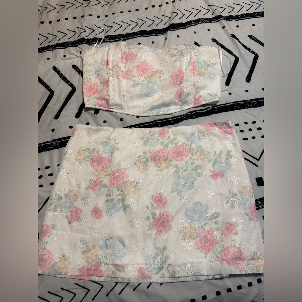 Altar'd State Pink and Blue Floral Skirt Set